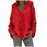 Пгерауг џемпери за жени Жени Лабава Голема Големина Еднобојна Хауба Долги Ракави Џемпер Врвови Жени врвови Со долги ракави Црвена