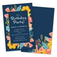 Персонализирана покана за роденден на роденден на сини цвеќиња за возрасни