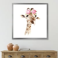 DesignArt „Портрет на жирафа со розови цвеќиња“ Фарма куќа врамена уметничка печатење