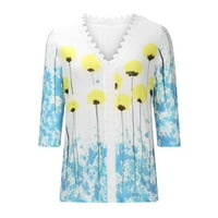 Блуза За Жени Пуловер Со Долги Ракави Дуксери За Паѓање Облека За Печатење Чипка Гледа Блуза В-Врвови На Вратот Жолта XL