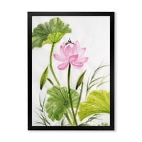 DesignArt 'Еден гроздобер розов лотос цвет со традиционално врамен уметнички принт на зелени лисја'