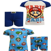 Super Mario Boys краток ракав краток пант, 4-парчен памучен пижама постави големини со 4-14