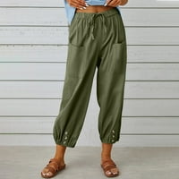 Жените Плус Големина Дозвола Мода Жени Лето Повик Лабава Памук И Лен Џеб Цврсти Панталони Панталони Армија Зелена