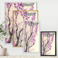 Апстрактни пролетни виолетови цвеќиња на гранки на дрвја, врамени сликарско платно уметничко печатење
