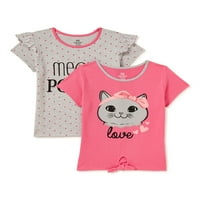 Графички маици со розови кадифени девојки и модни ракави, 2-пакувања, големини 4-16