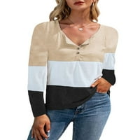 Глонме Боја Блок Блузи За Жени Лабава Работа Туника Блуза Основни V Вратот Пуловер Каки XL