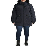 Женска плус големина јакна со тешка категорија со качулка од крзно