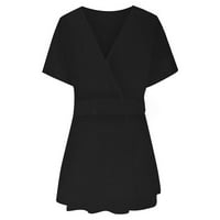 Жените Плус Големина V - Вратот Пуловер Удобно Кратки Ракави Маица Блузи Црна XXXXL